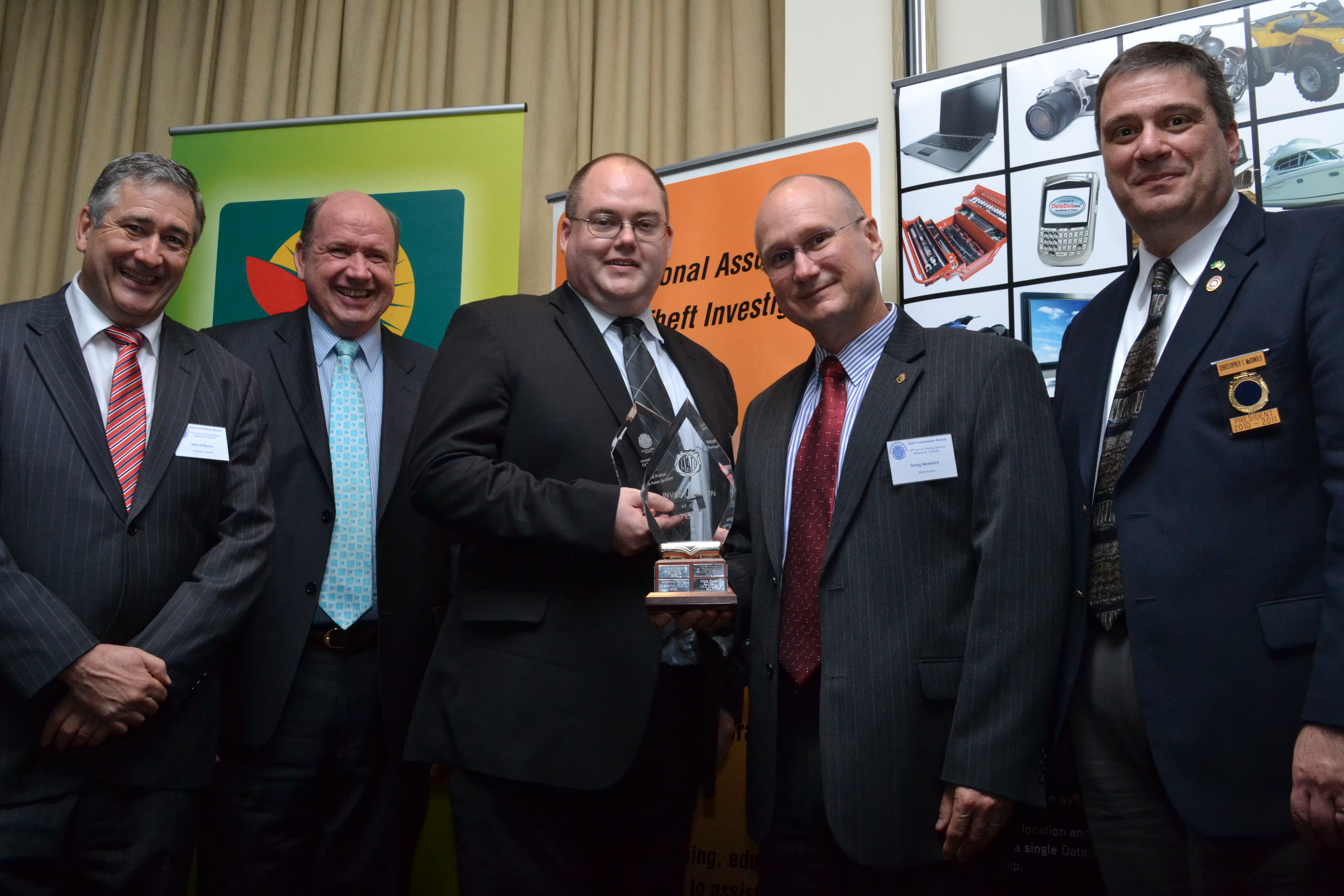 L-R: International 2nd Vice President, John O’Byrne,  Suncorp Insurance, Acting Executive Manager Mr Chris Loane, Detective Senior Constable Julian Thornton, Detective Superintendent Greig Newbery from NSW Police, and International IAATI President Mr Chris McDonold