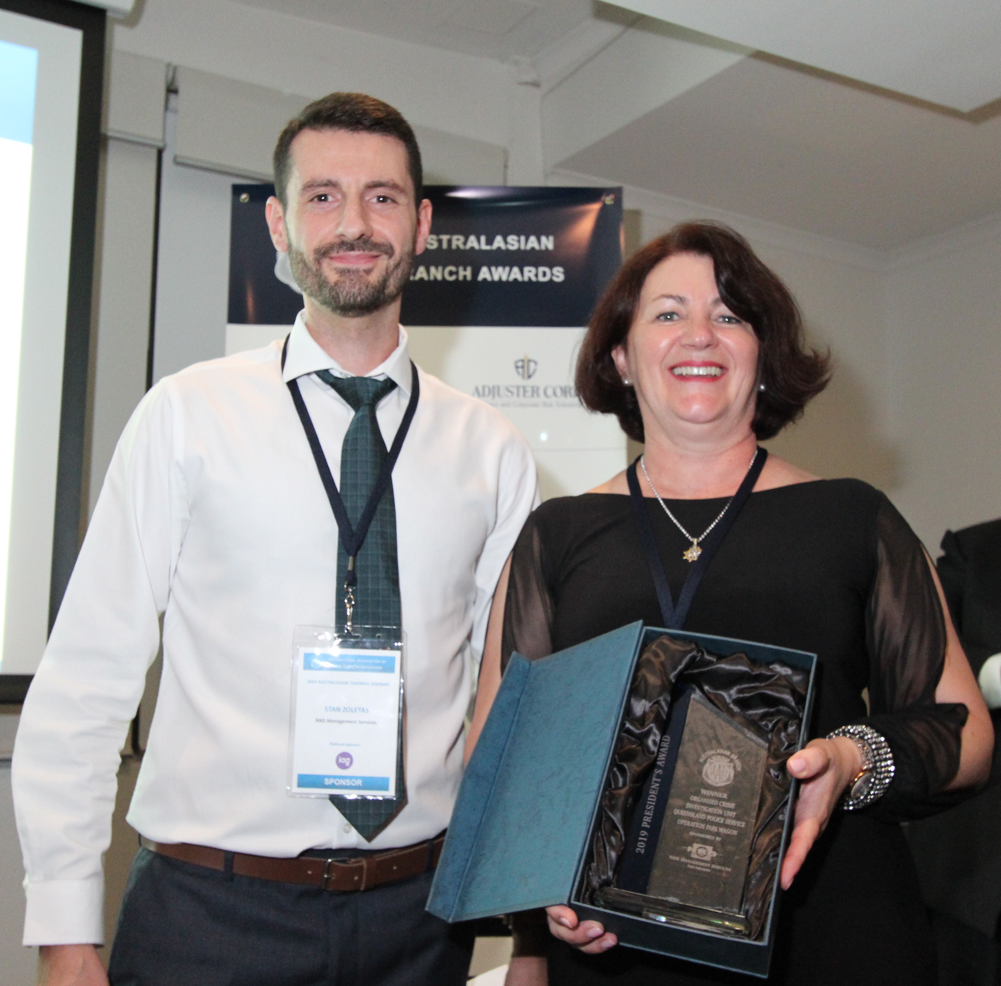 Operation Papa Wagon, Queensland Police - 2019 AB President's Award. Det. Acting Sgt. Vesna Ciric accepting her award from Stan Zoletas, NKG Management Services (Award sponsor)